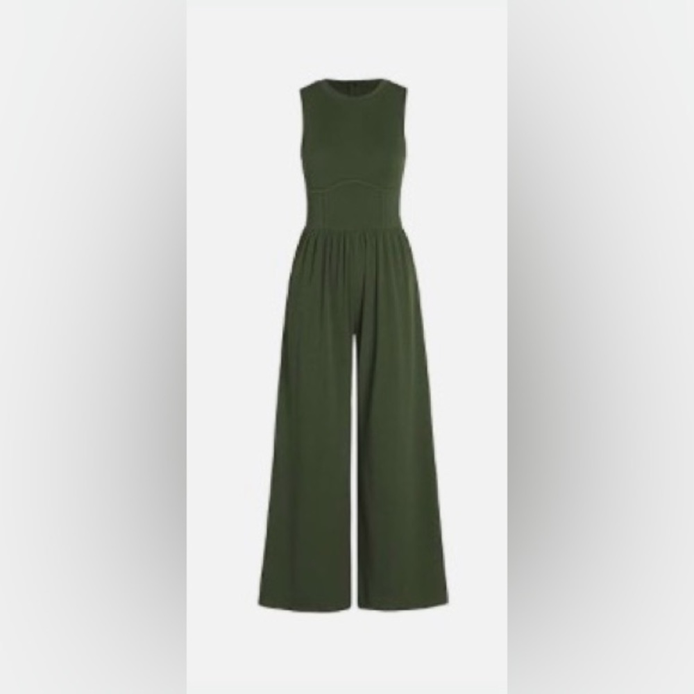Cider Olive Green Sleeveless Wide Leg Jumpsuit w/ Pockets - Picture 1 of 1